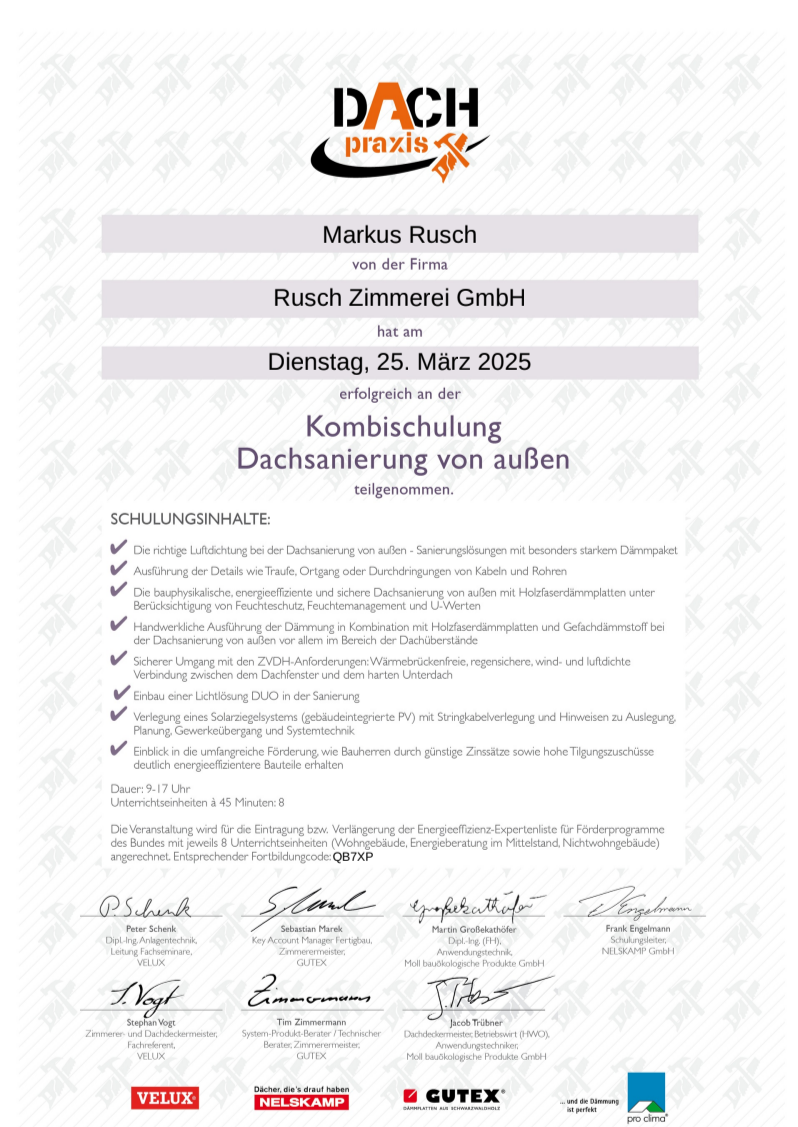 Zertifikat Dachsanierung 2025